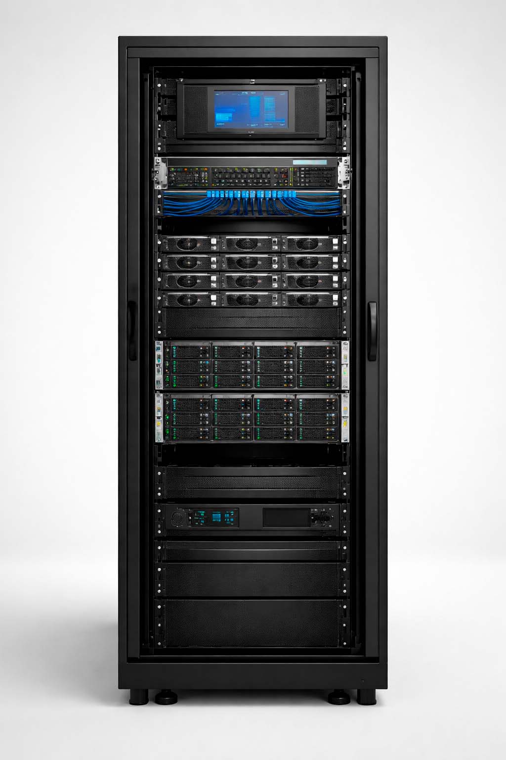 Close-up of a black server cabinet with multiple rack server units installed according to standard 19 inch server rack dimensions.