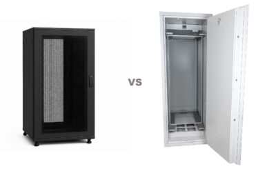 Comparison between a standard black IT enclosure and a certified white Kaso R16 high-security server cabinet rack for data rooms.