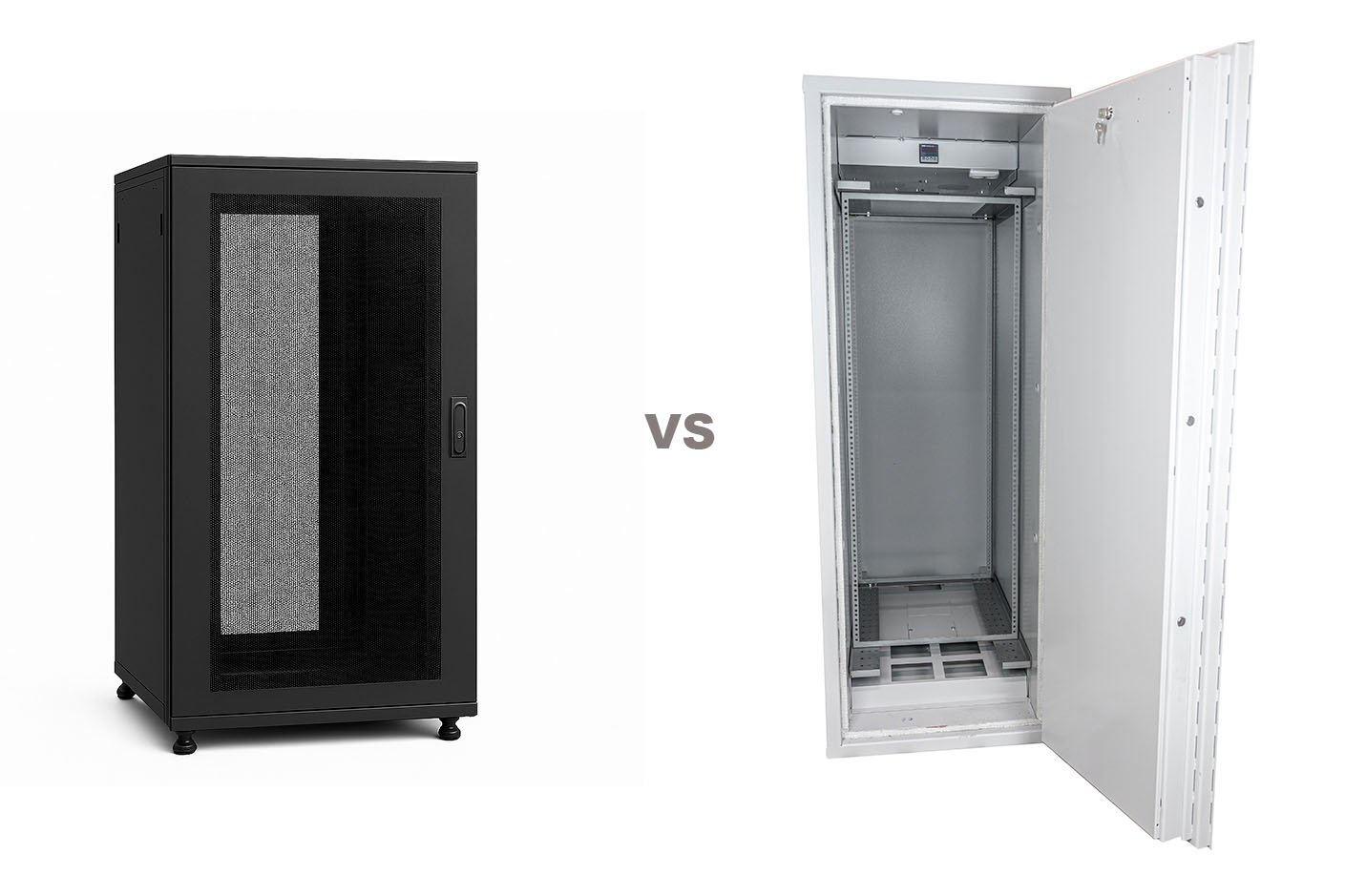 Comparison between a standard black IT enclosure and a certified white Kaso R16 high-security server cabinet rack for data rooms.