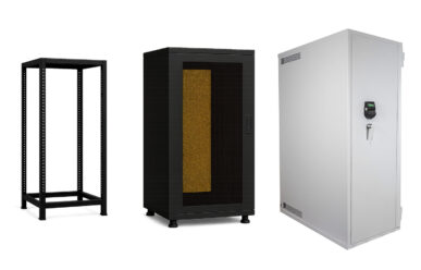 The evolution of the computer server rack: from an open-frame rack and standard enclosure to a high-security Kaso R16 IT safe.