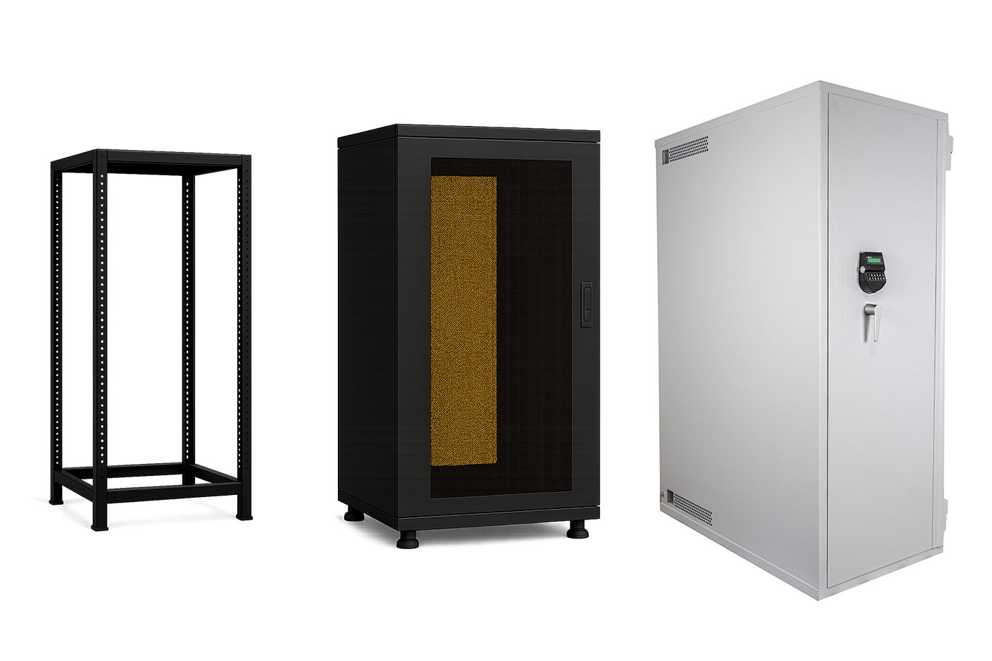 The evolution of the computer server rack: from an open-frame rack and standard enclosure to a high-security Kaso R16 IT safe.