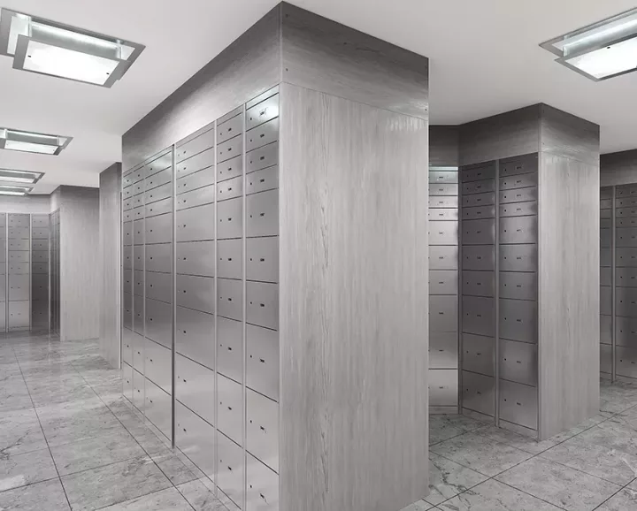 Safe deposit lockers design example with wooden cladding