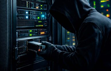 A hooded intruder removing a hard drive from an unprotected server cabinet rack, illustrating the risk of a physical breach in a data center.