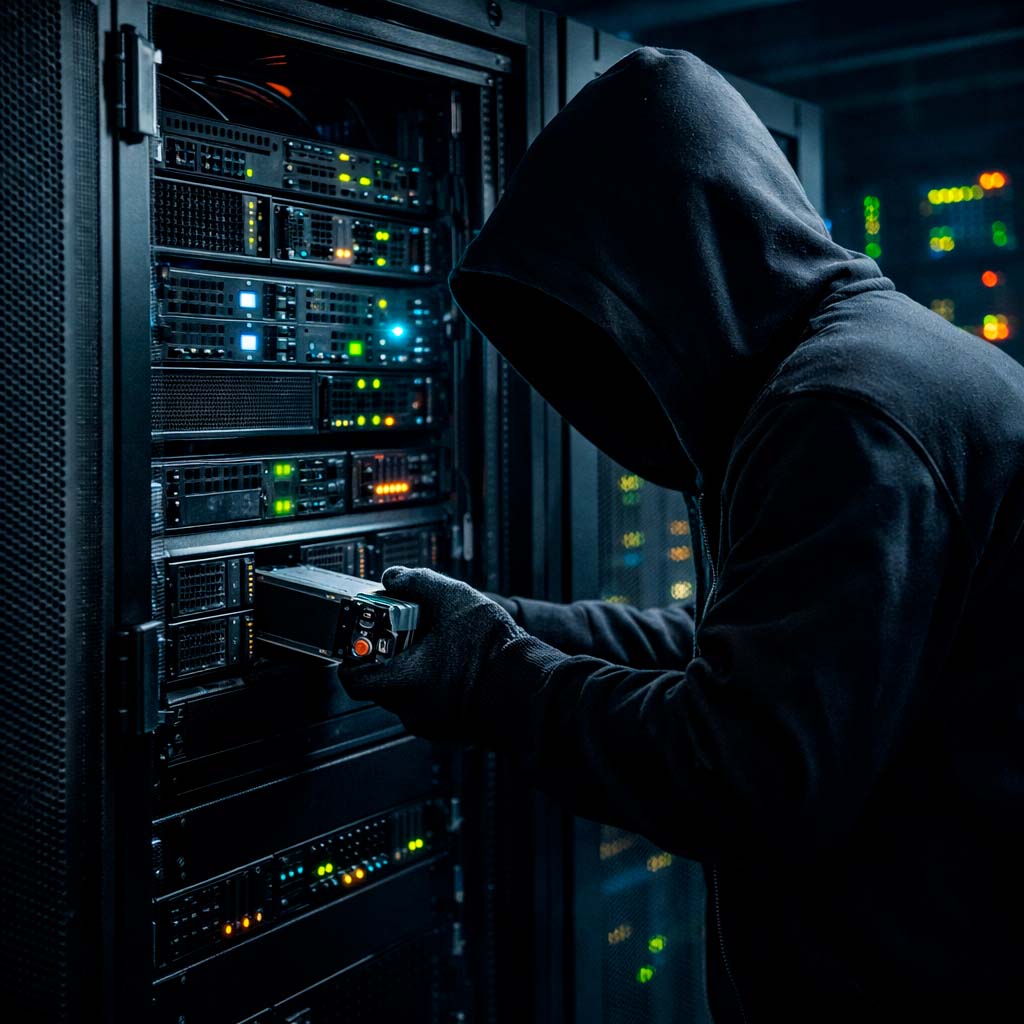 A hooded intruder removing a hard drive from an unprotected server cabinet rack, illustrating the risk of a physical breach in a data center.