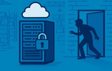 Illustration of securing edge computing: a locked server cabinet rack acting as the first line of defense against an intruder in a remote location.