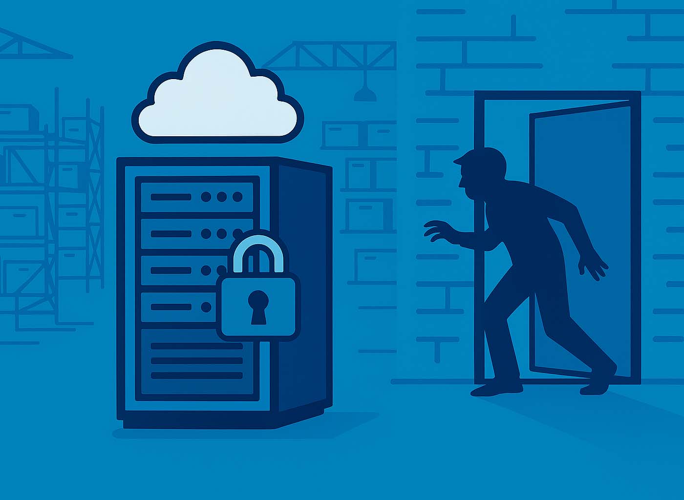 Illustration of securing edge computing: a locked server cabinet rack acting as the first line of defense against an intruder in a remote location.