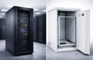 Visual comparison of a standard black IT enclosure in a data center versus a reinforced white Kaso R16 IT safe for high-security hardware protection.
