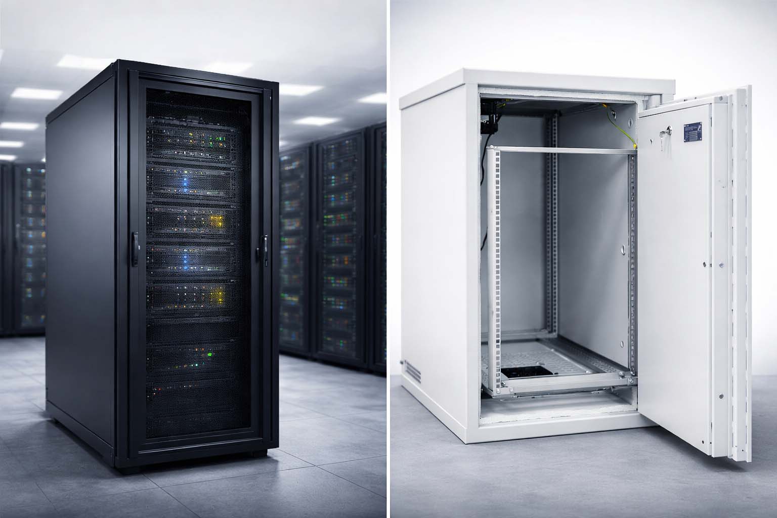 Visual comparison of a standard black IT enclosure in a data center versus a reinforced white Kaso R16 IT safe for high-security hardware protection.