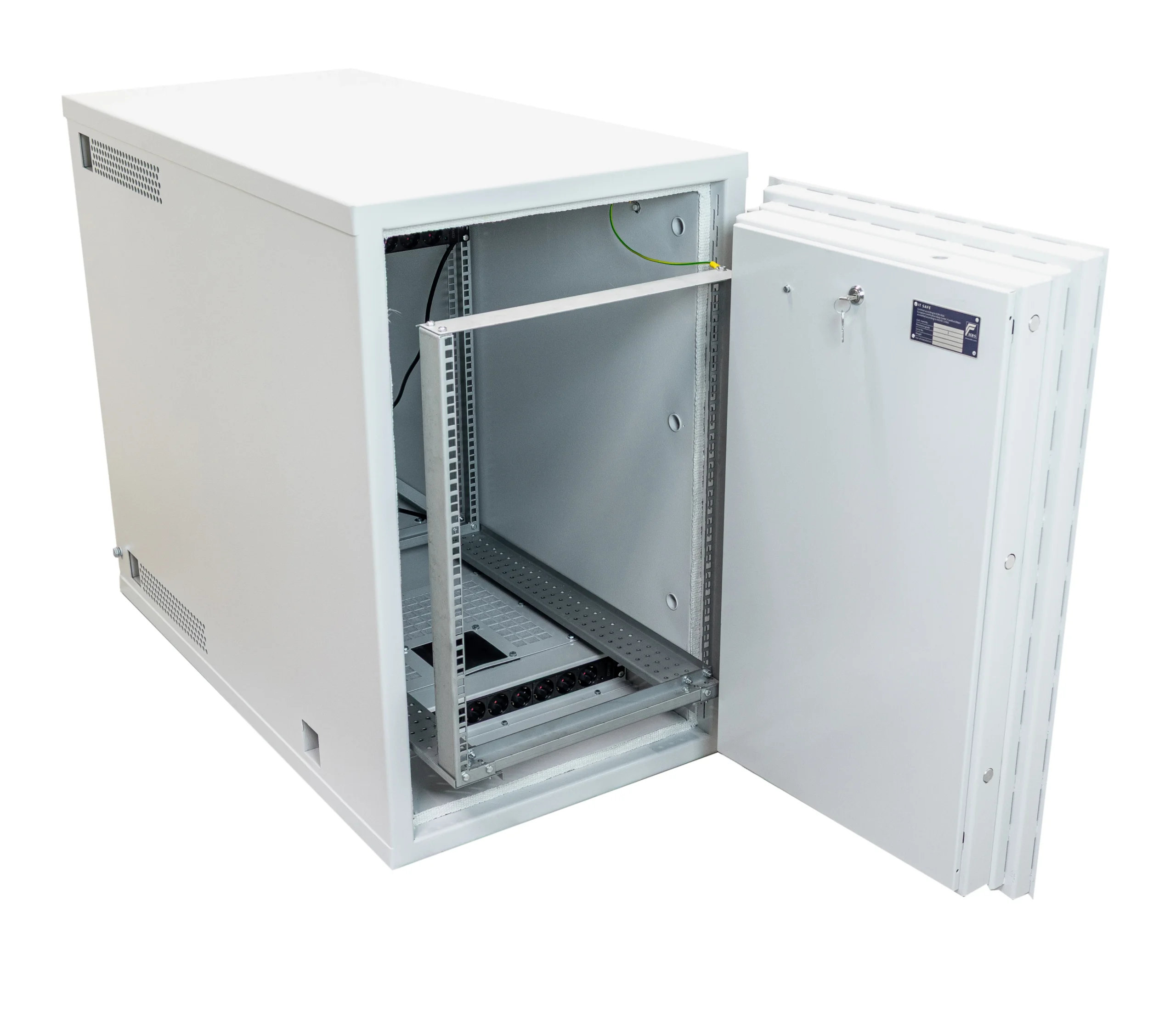 Kaso R16 burglary-resistant server cabinet rack with an open door and a pull-out 19-inch server rack frame for easy rack server installation.