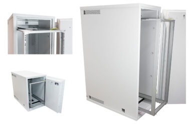 Open white Kaso R16 high-security IT safe showing the standard 19 rack width mounting rails for secure data center server placement.