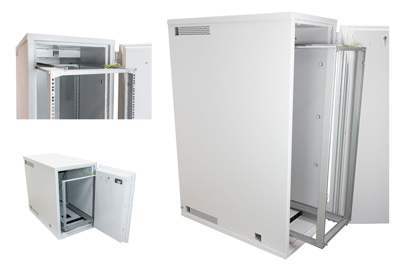 Open white Kaso R16 high-security IT safe showing the standard 19 rack width mounting rails for secure data center server placement.