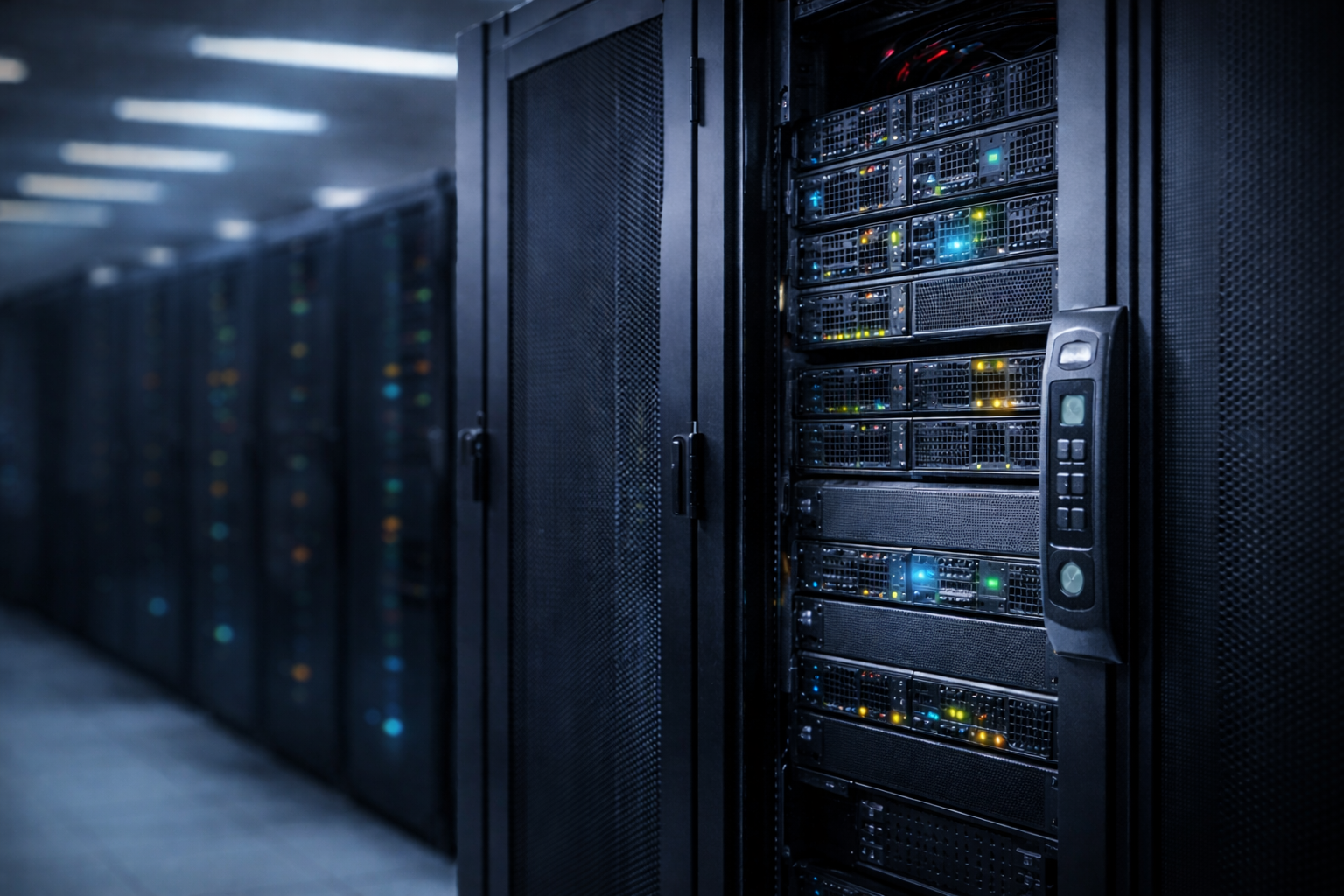 Rows of server racks in a data center, highlighting why businesses need a certified rack mount server cabinet for hardware security.